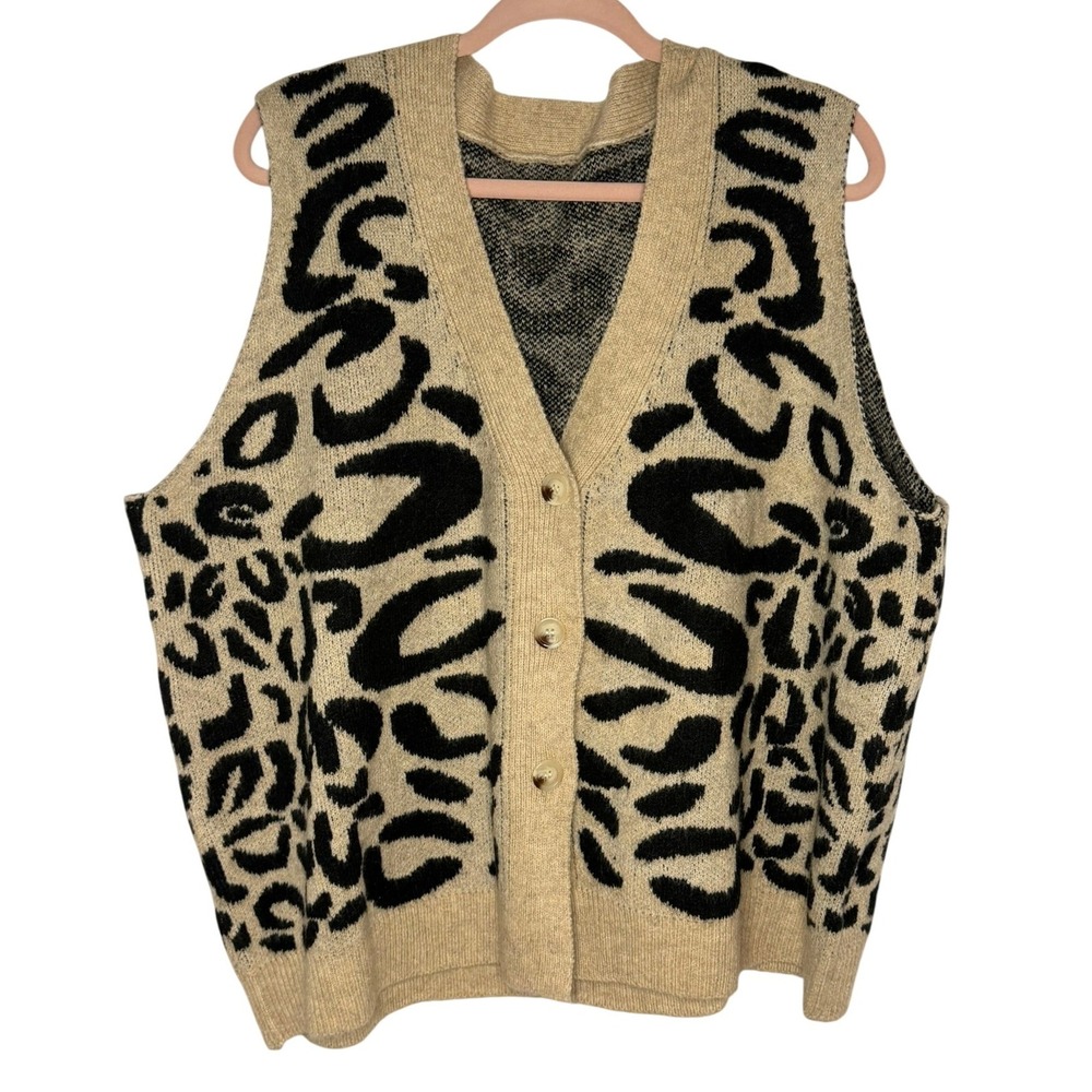 Unbranded Leopard Print Sweater Vest Women XL Tan Black Knit Button Front V-Neck
